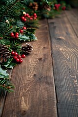 Christmas candles. Seasonal holidays. December season. Pine cones and needles with red berries. Copy space