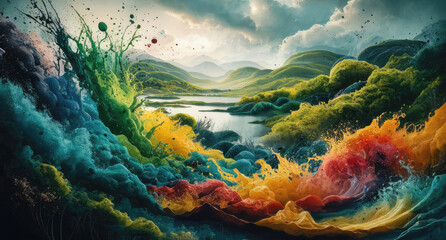 A captivating 4D watercolor landscape painting that transports the viewer into a magical world. The foreground is a lush, vibrant garden filled with a variety of flowers . Generative AI