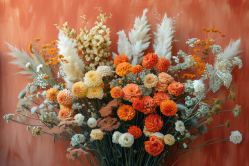 Elegant Floral Arrangement in Warm Tones. Beautiful floral arrangement with orange, yellow, and white flowers against a warm-toned background.
