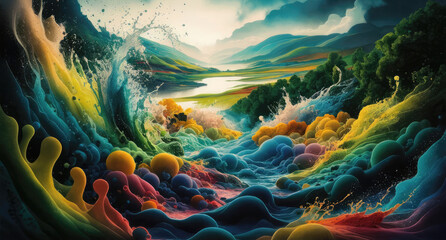 Obraz premium A captivating 4D watercolor landscape painting that transports the viewer into a magical world. The foreground is a lush, vibrant garden filled with a variety of flowers . Generative AI
