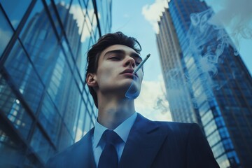 Fototapeta premium Sophisticated Urban Gentleman in Tailored Suit Smoking Cigarette Amidst Modern Skyscrapers