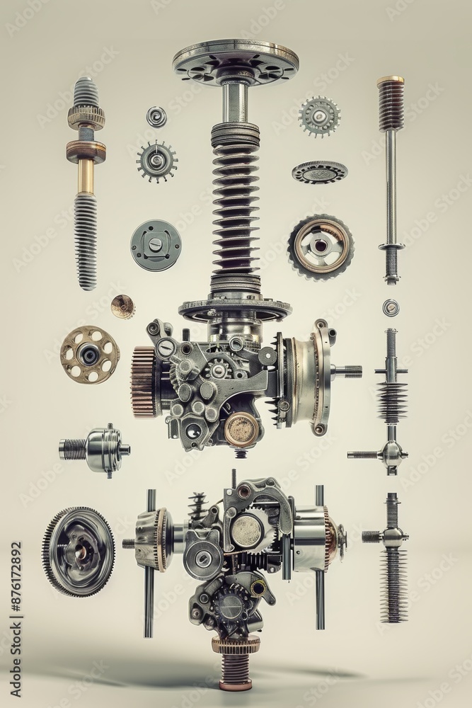 Leinwandbilder exploded view of engine gear system on white background for technical presentations and tutorials