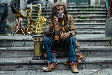 Urban Street Performer Relaxing with Cigarette amidst Musical Instruments on City Steps
