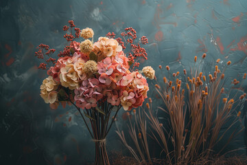Elegant Floral Arrangement in Warm Tones. Beautiful floral arrangement with orange, yellow, and white flowers against a warm-toned background.