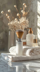 Elegant bathroom essentials with brush, towels, and dried flowers