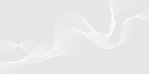 Abstract white wave dynamic curve lines on gray background with flowing particles. Digital energy waves technology concept. Modern backdrop design for business, presentation, banner.