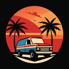 Palm trees and  car and summer filling, isolated vector t- t-shirt design 