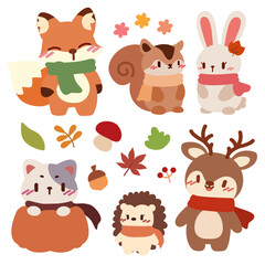 Cute Woodland Animals in Autumn Attire. Kawaii Forest Friends with Fall Leaves. Adorable Autumn Animals with Scarves.