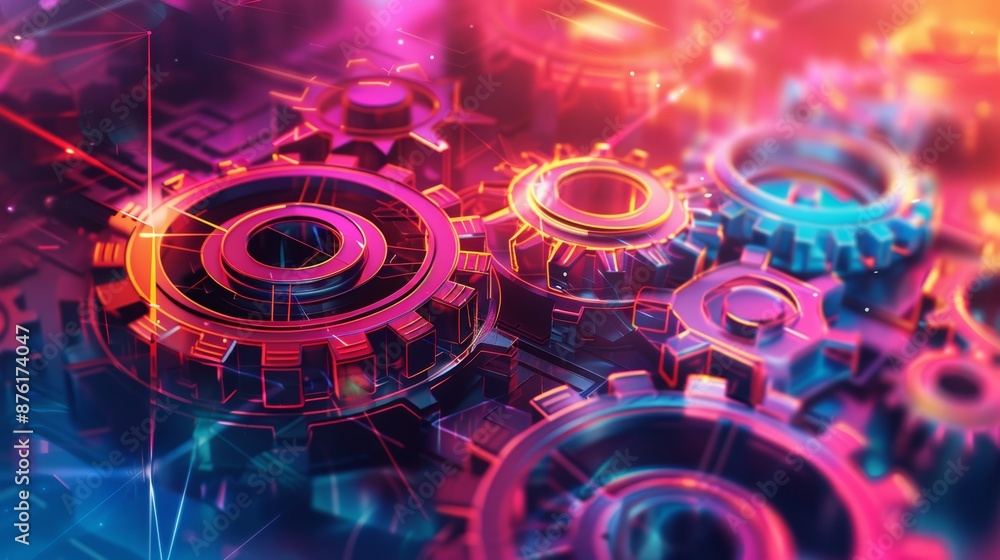 Poster futuristic gears and mechanisms in neon colors for high-tech design and digital art projects