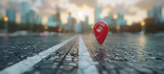 A red location pin icon floating over an empty city street with blurred buildings in the background