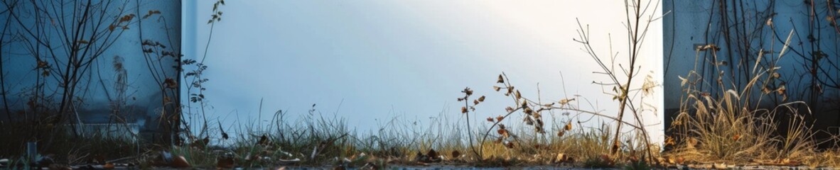 Create portrait-oriented photography studio background images. The background is a large white panel placed on top of another white panel in an outdoor environment, blank board for marketing campaign 