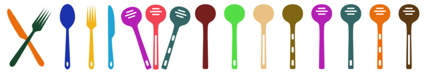 Fork knife spoon and plate. Colored Plastic Curve Spoons. Ice Cream color full Spoons. Tableware set flat style. Dinnerservice collection. Plate, fork and knife. Dinner service.