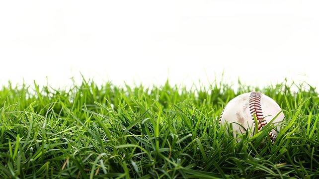 Close-up of a baseball resting on green grass field with blurred background