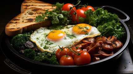 Fried egg, beans, tomatoes, mushrooms, bacon and toast