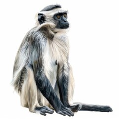 Obraz premium Gray langur monkey with a black face and white chest sitting on a white background