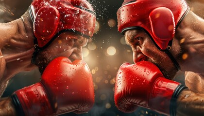 Boxing Match, Intense Fight, Two Boxers In The Ring, Final Rounds, Knockout Punch, Close Call, Head Gear, Red Gloves, Sweat, Grit, Determination, Will to Win, Sportsmanship, Championship Fight, Fight