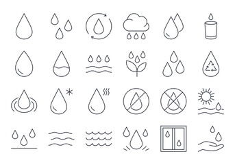 Vector icons water drop. Editable stroke line set. River sea waves sun rain, clear water in glass. Recycling symbol, cold and hot temperature. Stock illustration on a white background.