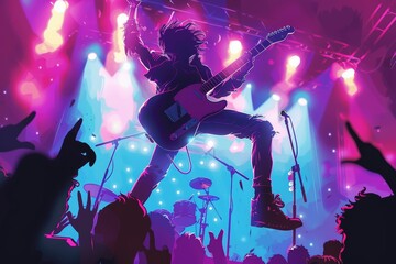 High-Energy Rock Concert with Guitarist Jumping Mid-Air Under Bright Stage Lights