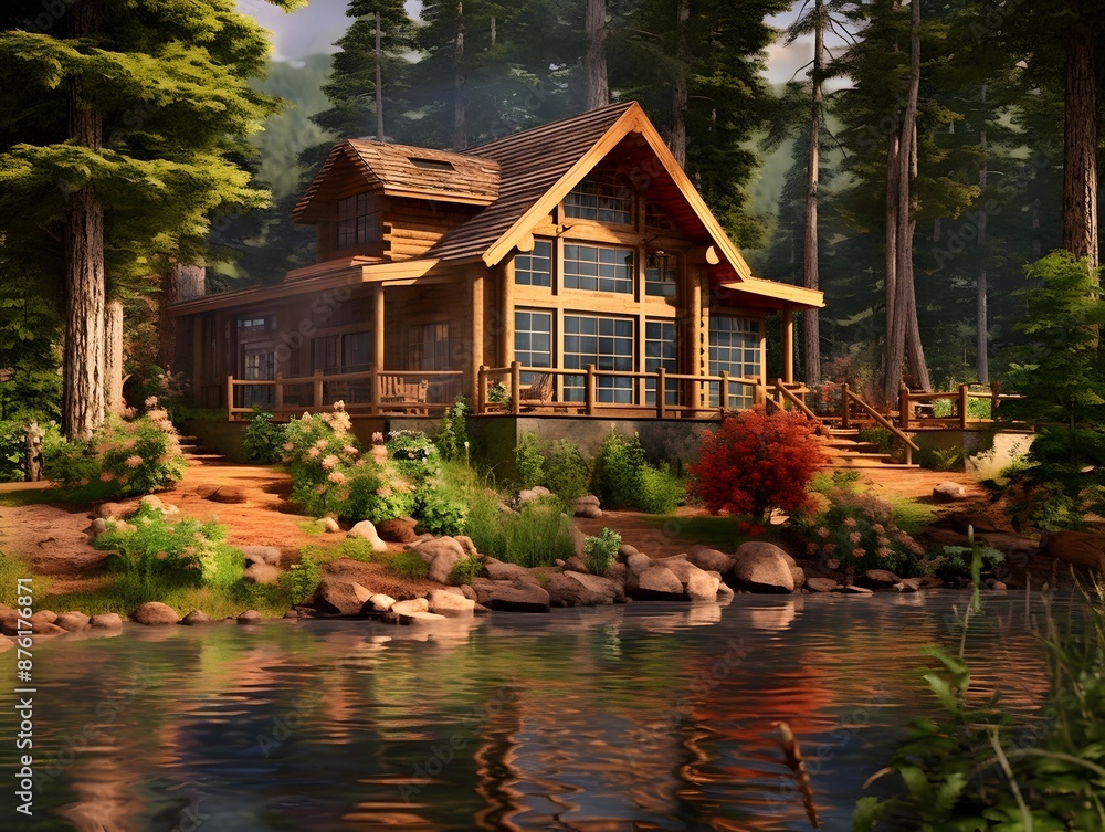 Wall mural wooden house on the bank of a mountain river in the forest