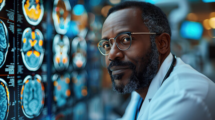 An elderly neuroscientist examines detailed brain scans displayed on a digital screen in a modern neuroscience laboratory