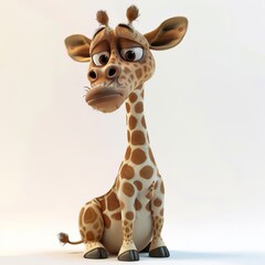 Obraz premium Adorable cartoon giraffe with a melancholic expression sitting on a white background