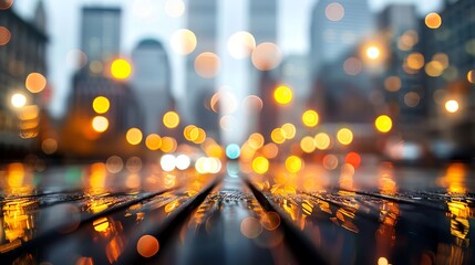 Blurred cityscape at dusk with skyscrapers and lights.