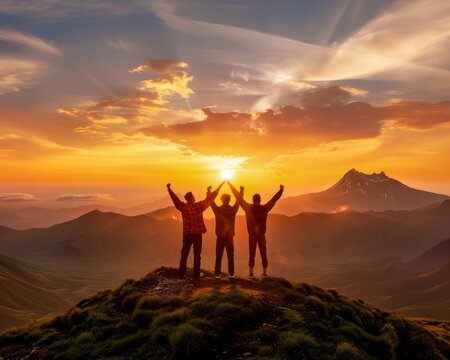 Teamwork and Support Partners Embracing Wellness Together on a Mountaintop at Sunrise, a Symbol of Shared Goals and Achievements