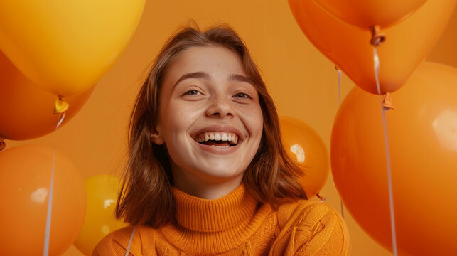 Beautiful joyful teenage girl with orange yellow air balloons smiling on orange background with copy space, Thanksgiving celebration concept 