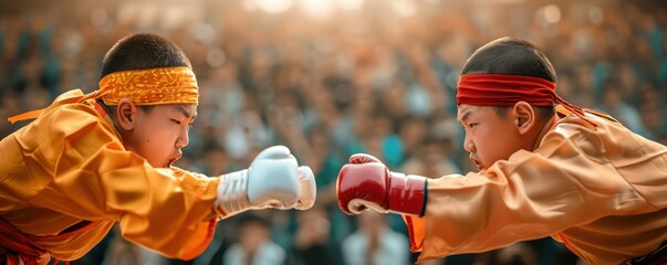 Fototapeta premium Young Martial Arts Fighters Face Off in a Duel of Equal Skill, Ready for an Intense Clash in the Ring The Competition is Fierce, But Both Young Athletes Show Focus and Determination as They Prepare