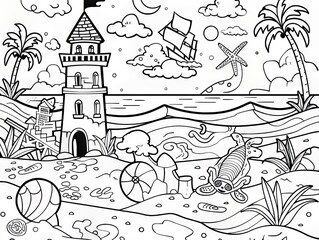 Whimsical Beach Scene with Tower, Palm Trees, and Turtle