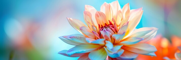 Obraz premium An abstract symphony of colors, flowers blooming like delicate fireworks against a blue sky, radiant in a emerald green tapestry