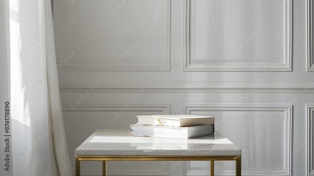 Canvas Prints a small white coffee table, gold trim, books on the table, smooth white walls