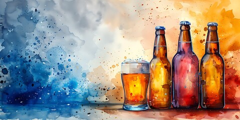 Watercolor illustration of beer bottles and a glass on an abstract background