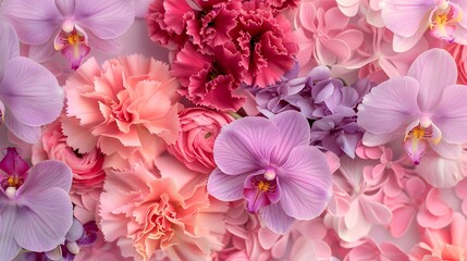 Colorful flower bouquet background made of pink and purple carnation and orchid flowers wall for background and wallpaper. 