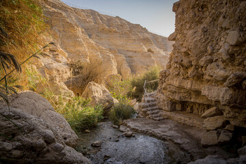 The little pond with the stairs for hiking at the valley of Ein Gedi reserve, the eastern part of Israel at the border with Jordan.
