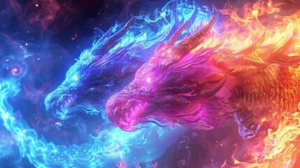 Fototapeta premium Neon Fantasy Creatures Dragons: A photo of imaginary creatures like dragons depicted in neon colors