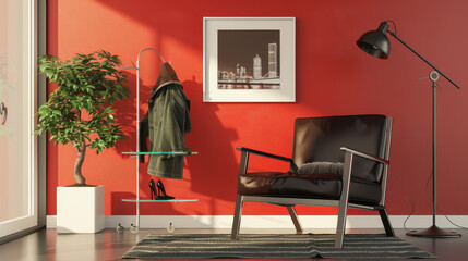 A contemporary living room featuring a black leather armchair