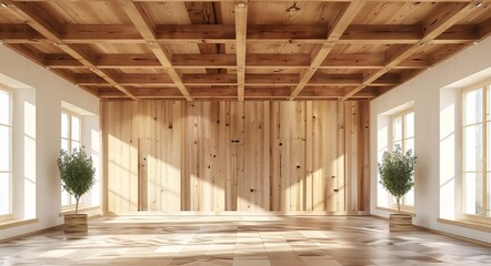 Bright and Airy Wooden Room with Large Windows and Trees