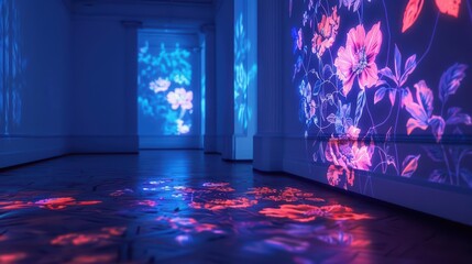 A conceptual art installation features an enchanted artificial sun that creates surreal landscapes with shifting shadows and glowing flora