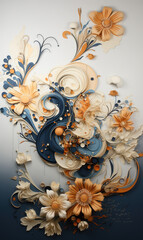 Abstract oil painting in blue, white, cream and orange.