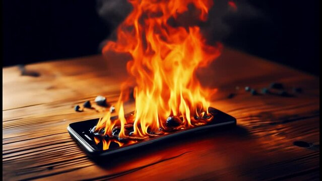Mobile phone battery overheated burning flames. Smartphone on fire. Burning smartphone with bad battery exploded or overloaded processor