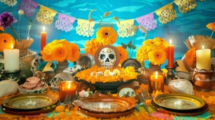 Obraz premium A Vibrant Scene of a Traditional Día de Muertos Altar, or 'Ofrenda,' Decorated with Colorful Marigold Flowers, Candles, and Sugar Skulls