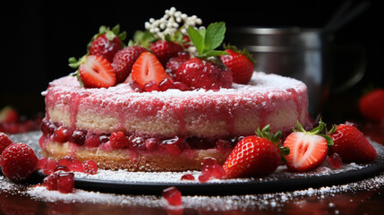 strawberry cake red powdered sweet delicious round on grey desk