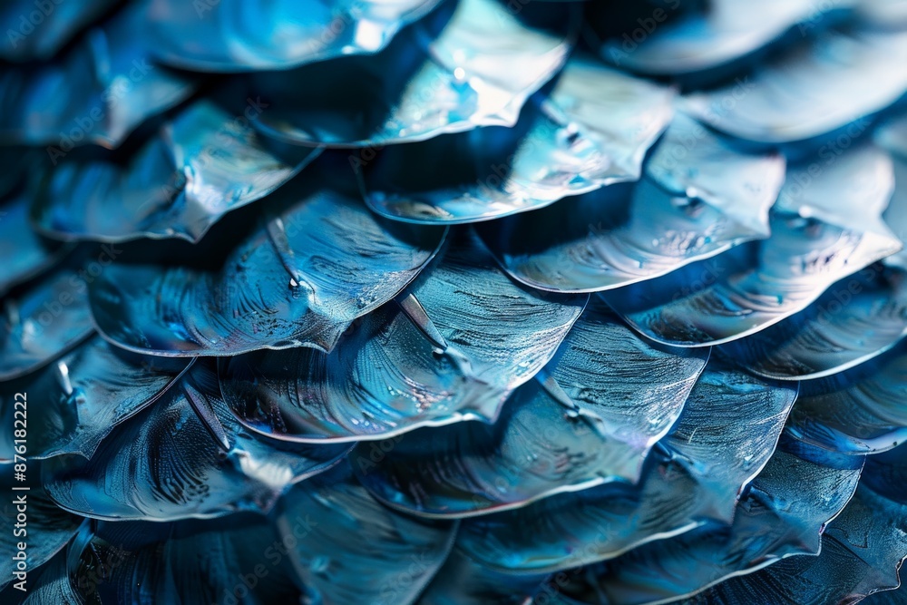 Poster This image captures a close-up view of blue textured scales, highlighting their intricate details and the interplay of light and shadow across their surface.