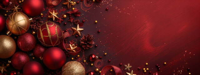 Christmas decorations with baubles and pine branches on a red background, holiday cards and banners with copy space