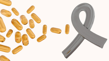 3d rendering of vitamin D capsules and a grey ribbon depict hope in the fight against cancer, as research explores Vitamin D's potential benefits.