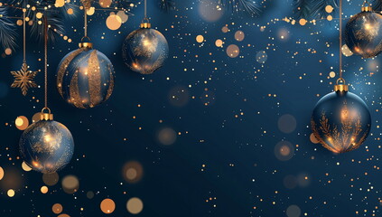 Luxurious Christmas background with gold and blue baubles and sparkling stars, banner or card with copy space