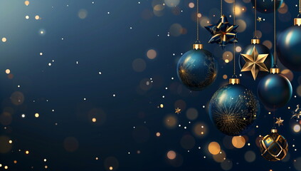 Luxurious Christmas background with gold and blue baubles and sparkling stars, banner or card with copy space