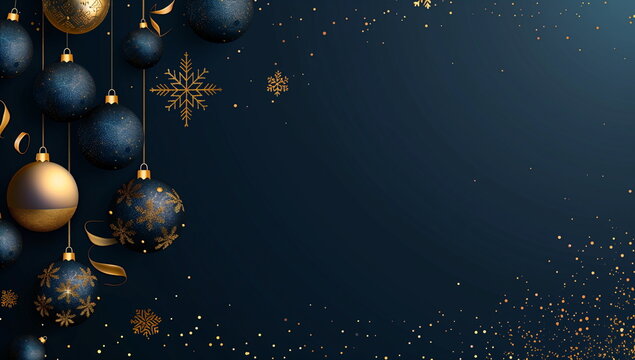 Elegant navy and gold Christmas baubles hanging with golden snowflakes on a dark background, contemporary style festive backdrop for card, banner, flyer with copy space