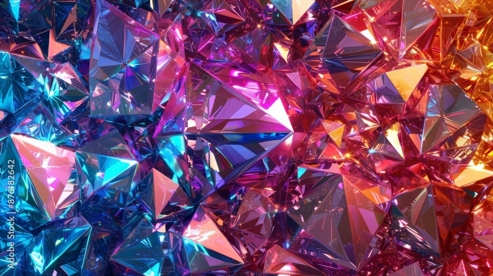 Poster a vibrant collection of colorful, reflective gems and crystals creating a dazzling display, highligh